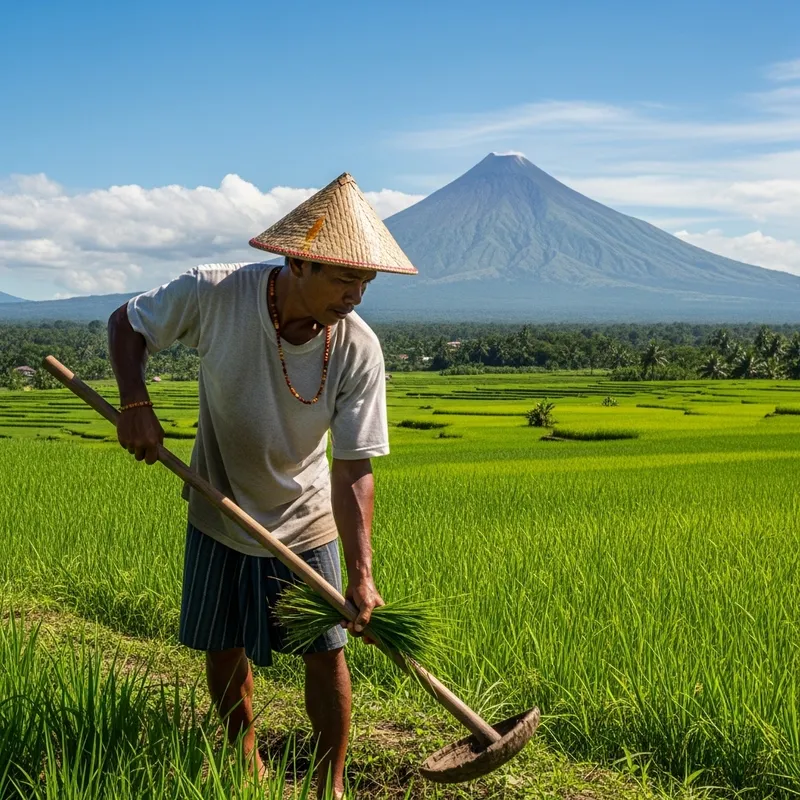 Filipino Farmer in Verdant Fields | Mount Mayon View