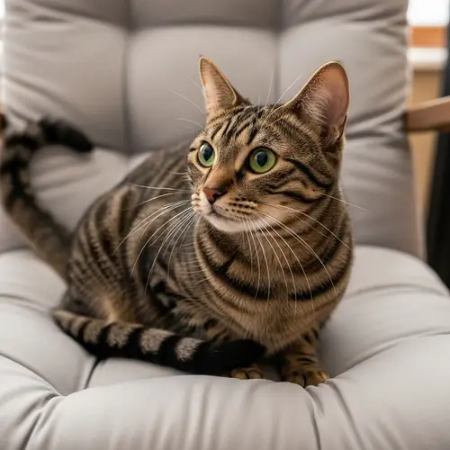 Glossy Ticked Tabby Cat on Soft Cushioned Chair