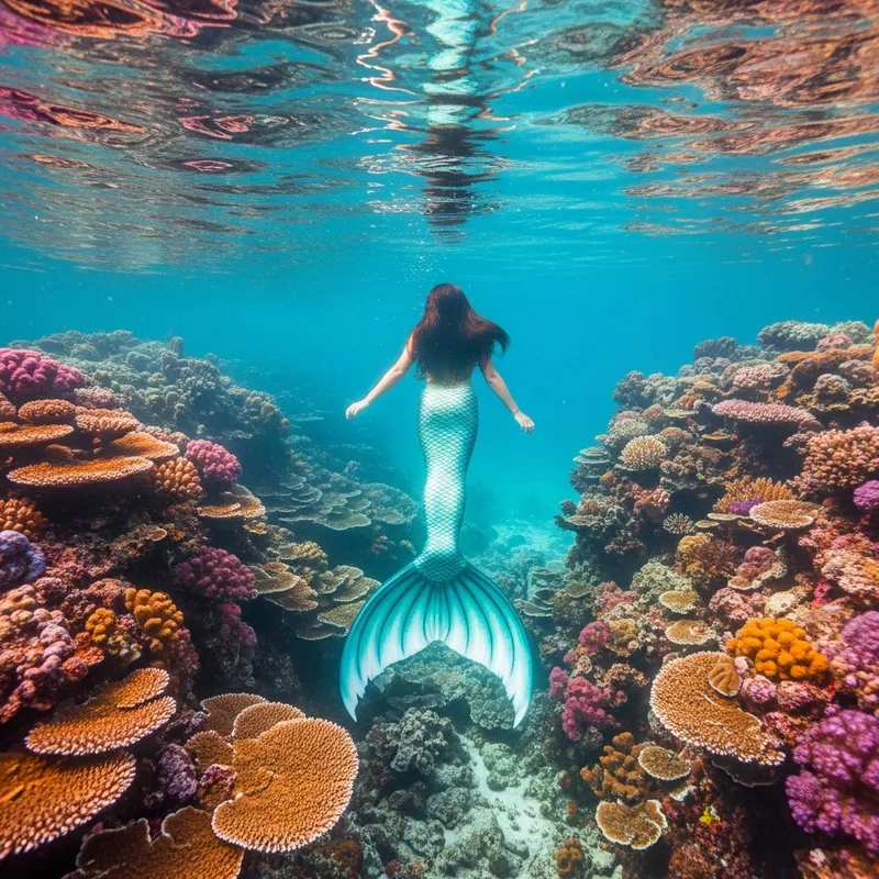 Surreal Underwater Mermaid Scene with Vibrant Coral Reefs and Iridescent Colors