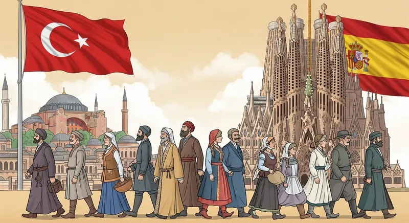 Multicultural Meeting: Turkish Flag, Hagia Sophia, Spanish Flag, Sagrada Familia