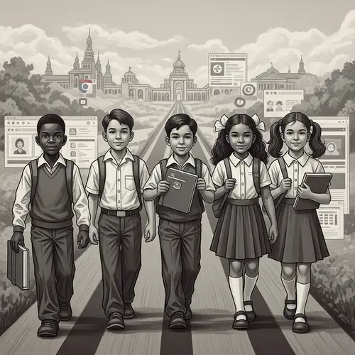 Vintage Digital Painting of Diverse Children on Road to Knowledge