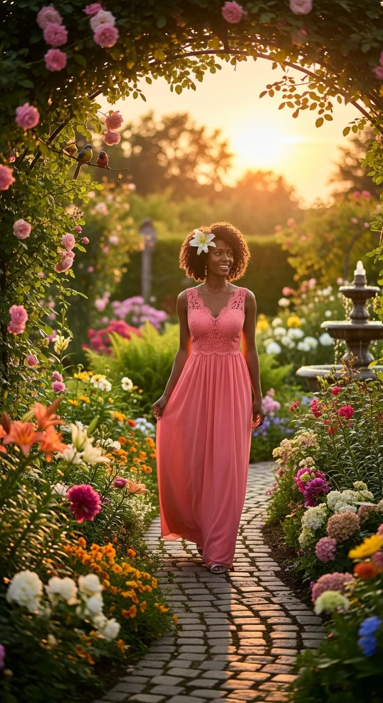 Elegant Woman in Long Dress Walking in Sunset Garden