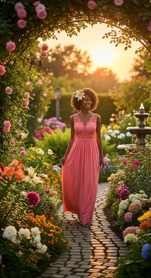 Elegant Black Woman in Flowing Dress at Sunset Garden