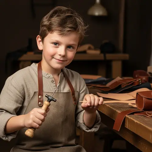 Young Caucasian Boy Craftsman with Trusty Awl | Leatherworking Enthusiast