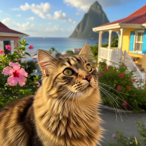 Charming Cat in Saint Lucia: Lush Fur in Golden Sunlight