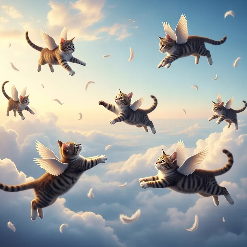 Fly Cats: Whimsical Feline Creatures Soaring in Pastel Sky