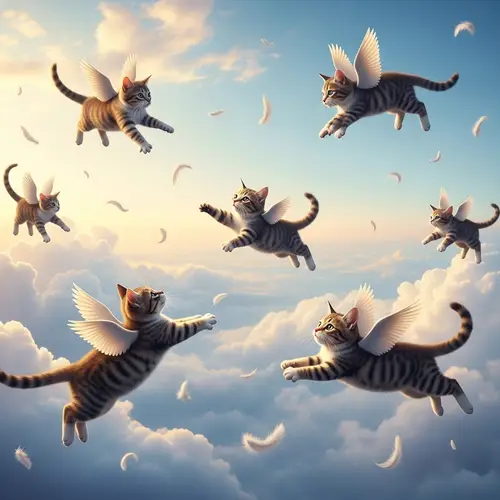 Whimsical Flying Cats: Magical Adventure in Pastel Sky