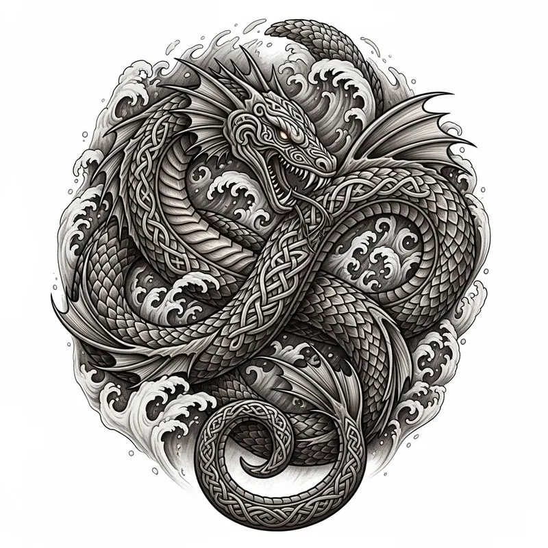Viking Jörmungandr Tattoo in Viking Wood Style with Tumultuous Waters