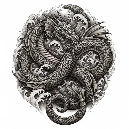 Viking Jörmungandr Tattoo Design with Tumultuous Water