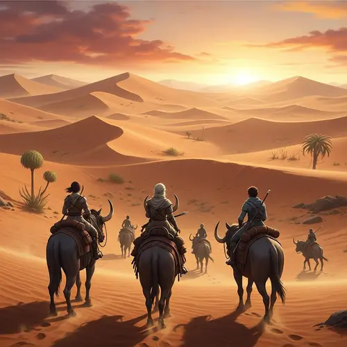 Dune Part 2 - Adventurers Exploring Vast Sandy Desert at Sunset
