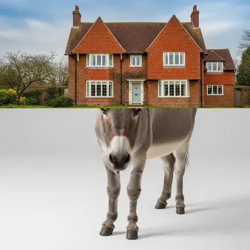 Surreal Juxtaposition: Donkey and Country House Fusion