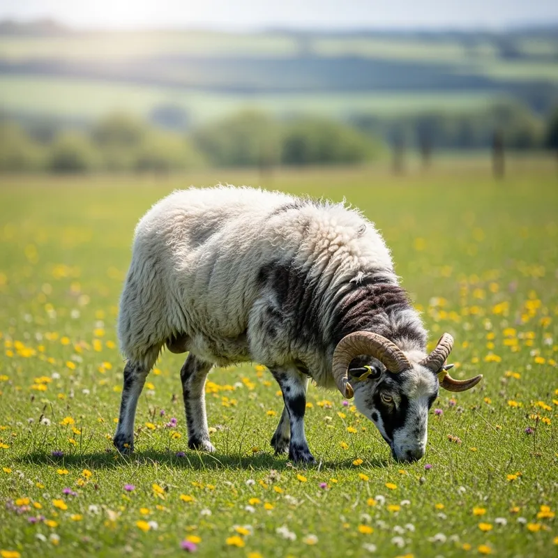 Beautiful Jacob Sheep Grazing in a Green Pasture