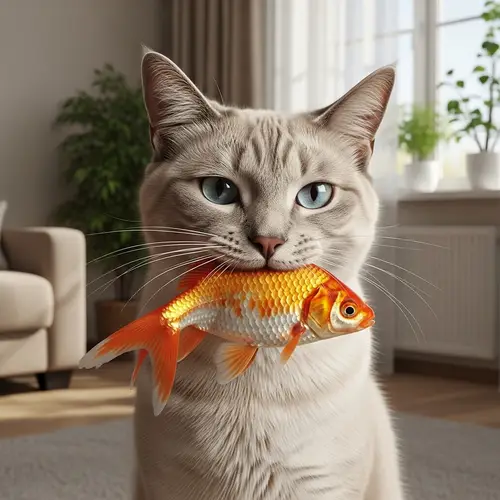 Grey Cat Catching Orange Goldfish - Captivating Scene