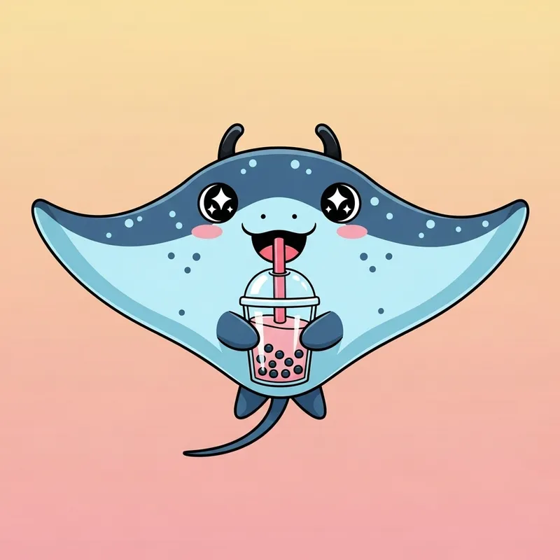 Adorable Manta Ray Sipping Bubble Tea Vector Illustration