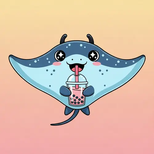 Cute Kawaii Manta Ray Sipping Bubble Tea Illustration