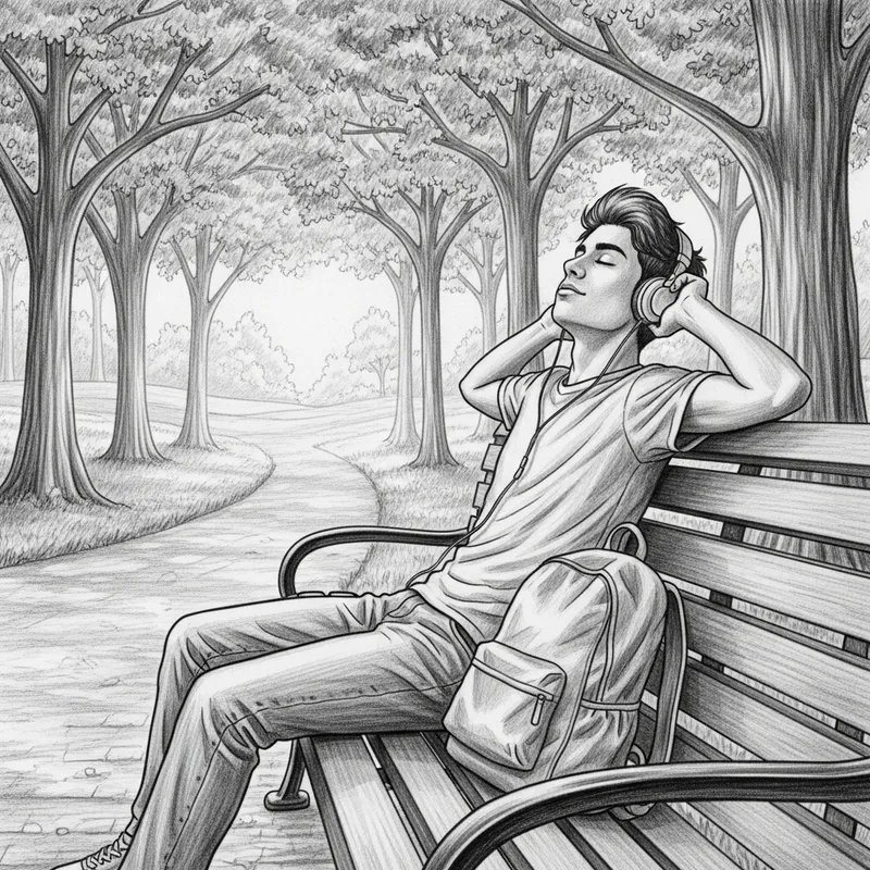 Pencil Sketch of a Hispanic Teen Listening to Music
