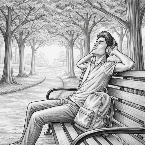 Pencil Sketch of a Hispanic Teen Listening to Music
