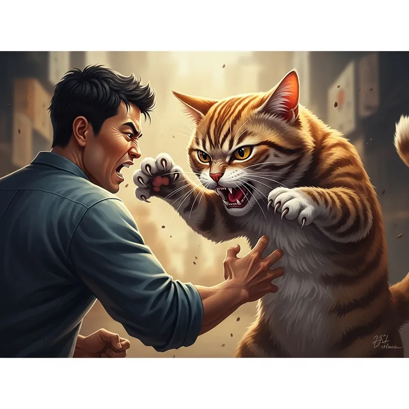 Furious Cat Battles Angry Man - Intense Digital Illustration