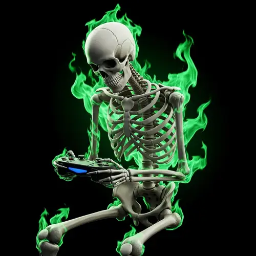 Skeletal Gaming Figure Amid Green Flames