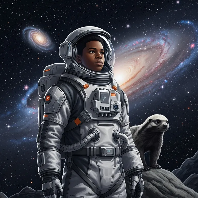 Youthful Black Astronaut & Fearless Honey Badger in Cosmic Adventure