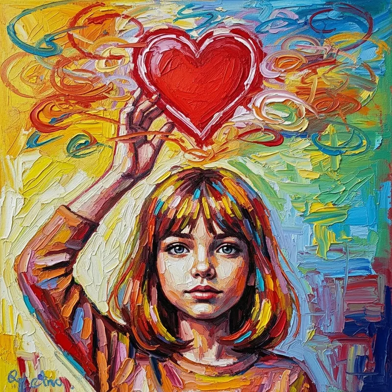 Vivid Impressionistic Girl Holding Heart in Oil and Crayon Art