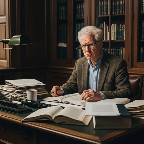 Philosophy Professor with White Curly Hair and Square Glasses