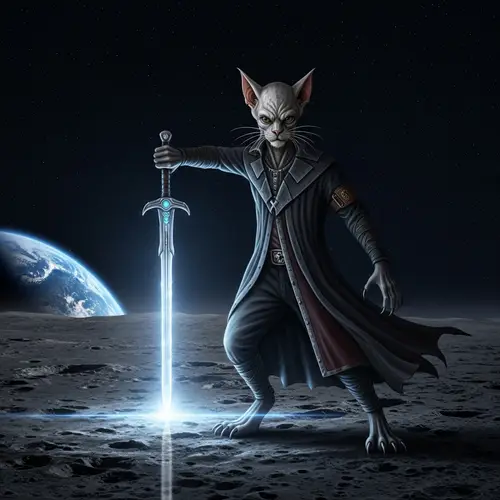 Futuristic Feline-like Alien on Moon with Glowing Sword