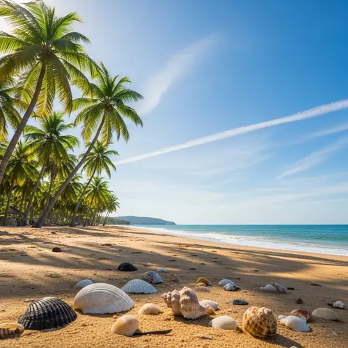 Serene Tropical Coastline: Swaying Palms & Golden Sands