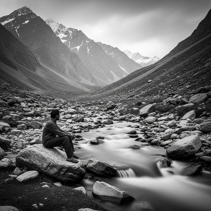Serene Mountain Landscape with Indian Figure on Rocky Outcrop