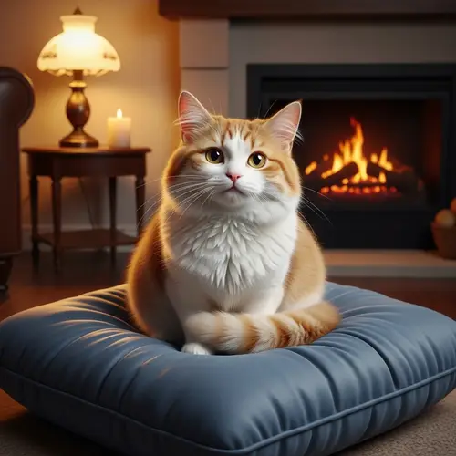 Cute Orange and White Cat on Cozy Blue Cushion