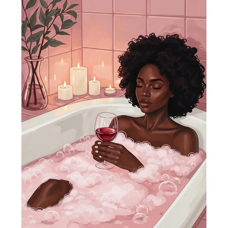 Tranquil Black Woman in Abstract Bathtub: Serenity and Wine