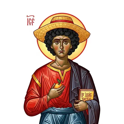Classic Orthodox Iconography Character with Straw Hat and Fruit