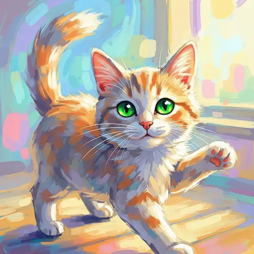Playful Cat with Bright Green Eyes - Vibrant Digital Painting