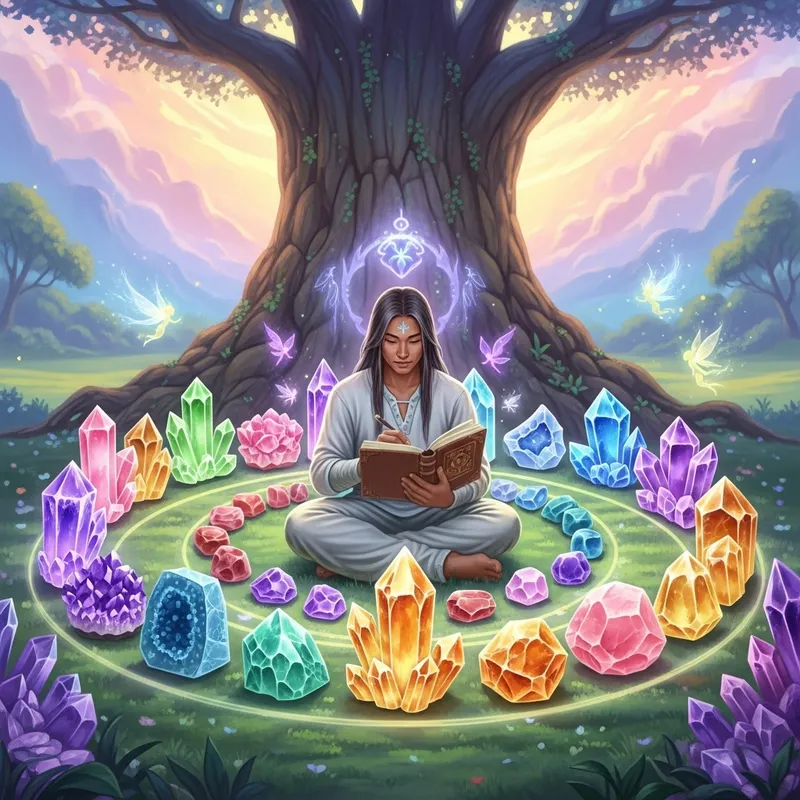 Crystal Journaling in Ethereal Fantasy Landscape with Colorful Healing Crystals