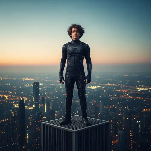 Stylish Hispanic Boy in Futuristic Supersuit on Skyscraper