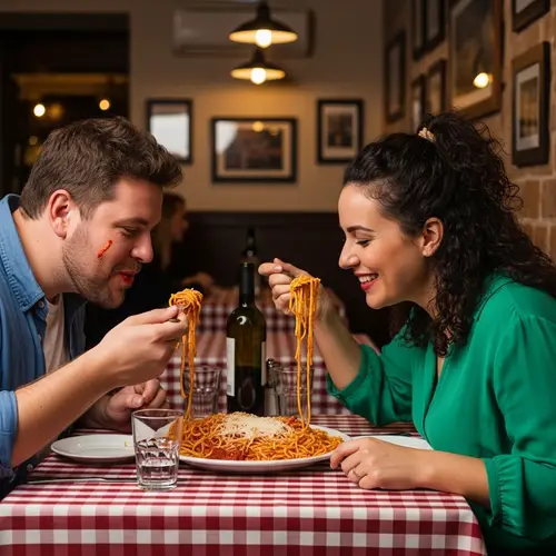 Overweight Man and Woman Enjoying Spaghetti