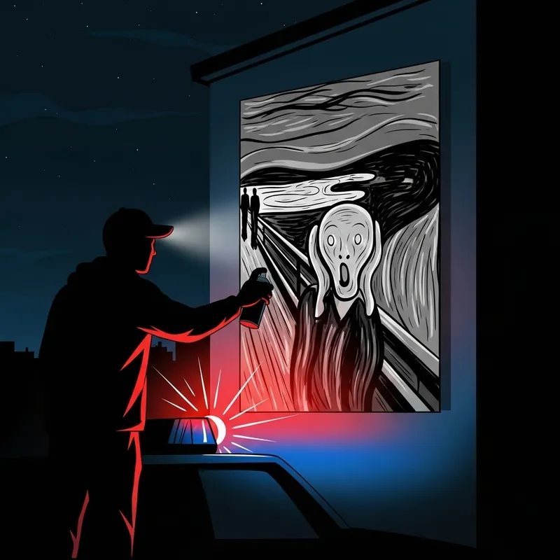 Street Artist at Night: Minimalist 'The Scream'