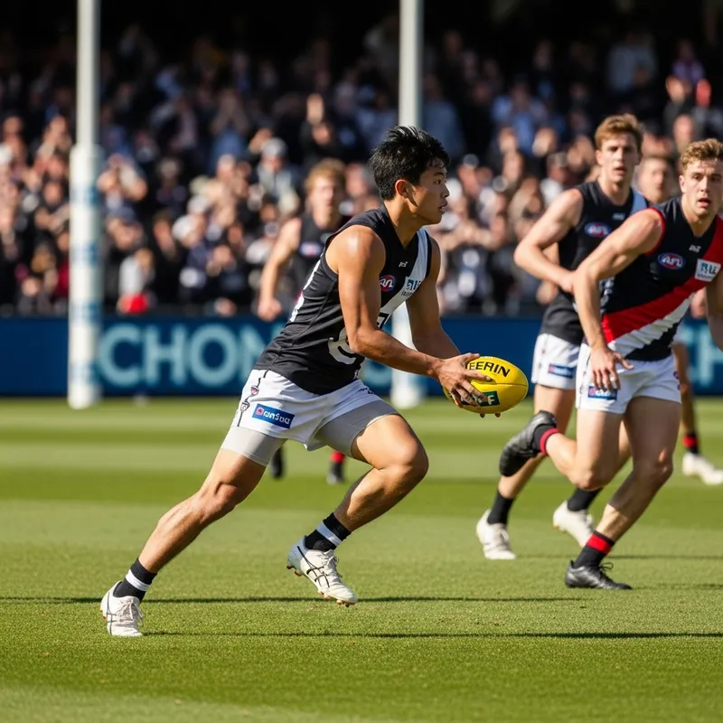 Asian AFL Footballer: Lightning-Fast Action Shot Capturing Intense Gameplay Asian AFL Footballer: Lightning-Fast Action Shot Capturing Intense Gameplay