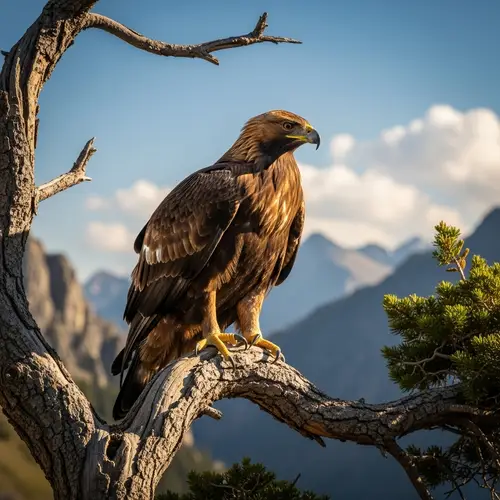 Golden Eagle Perched on Tree in Mountain Landscape