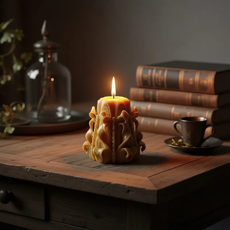 Elegant Beeswax Candle on Antique Table