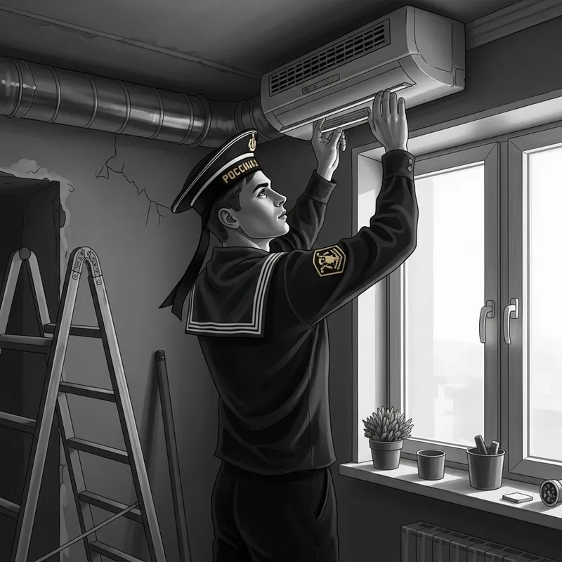 Vintage Russian Sailor Installing Ventilation System in Renovated Apartment
