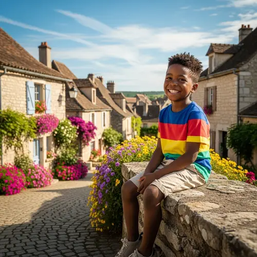 Cheerful African American Boy in Colorful Outfit | Village Scene