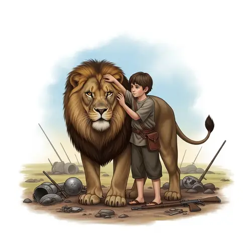 Brave Lion and Innocent Boy Uniting in Triumph