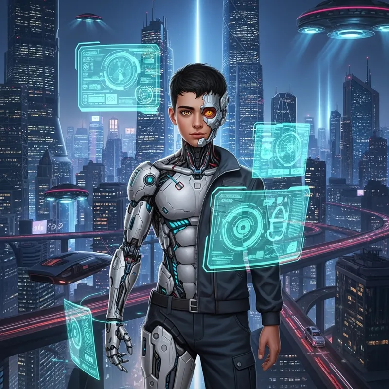Teenage Cyborg in Futuristic City with Advanced Technology