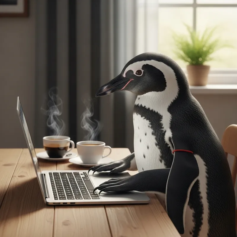 Cute Penguin Typing on MacBook with Coffee Cups