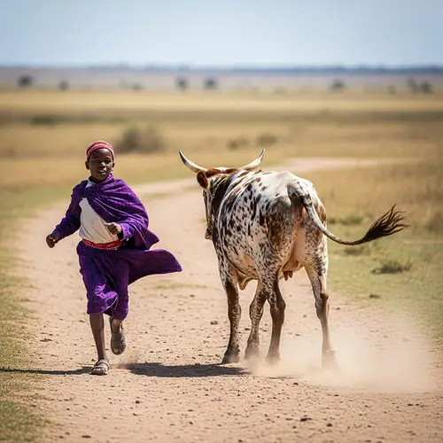 African Boy Playfully Chased by Cow on Savannah Path