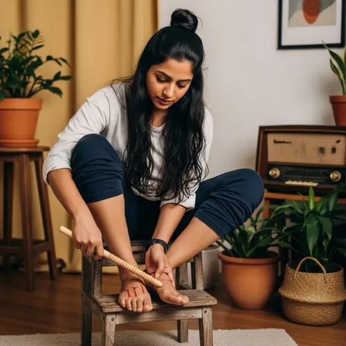 South Asian Woman Casual Seated Wooden Stool Discomfort Alleviation
