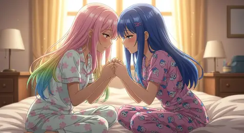 Ethereal Anime Girls' First Kiss in Cozy Bedroom Setting