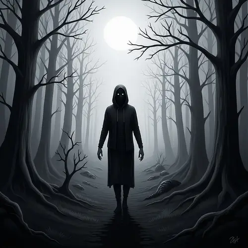 Ethereal Figure in Shadow-Drenched Forest - Surreal Digital Painting