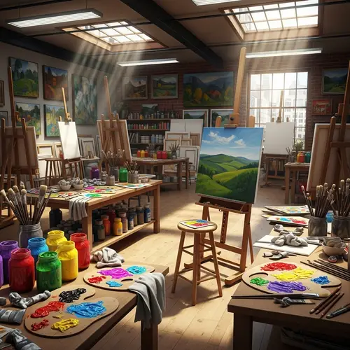 Vibrant Art Studio with Colorful Canvas and Paintbrushes